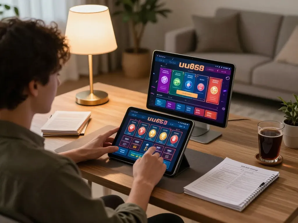 Engaging user exploring online casino options at uu88 on tablet in a cozy modern setting.