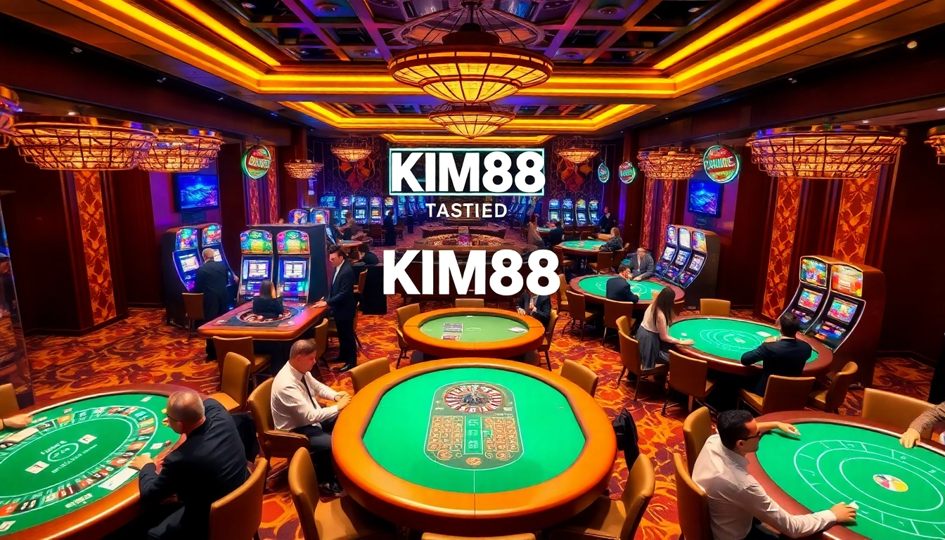 KIM88 players enjoying fast-paced gambling at vibrant casino tables and thrilling slot machines.