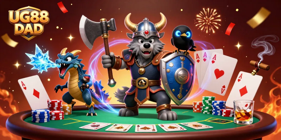 Engage with thrilling poker action in UG88 DAD featuring a Viking wolf and dragon.