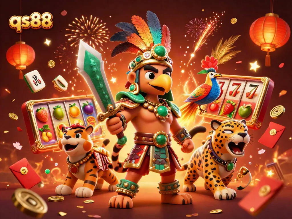 Experience the excitement of qs88 with vibrant slot games featuring Aztec and jaguar warriors surrounded by dynamic casino elements.