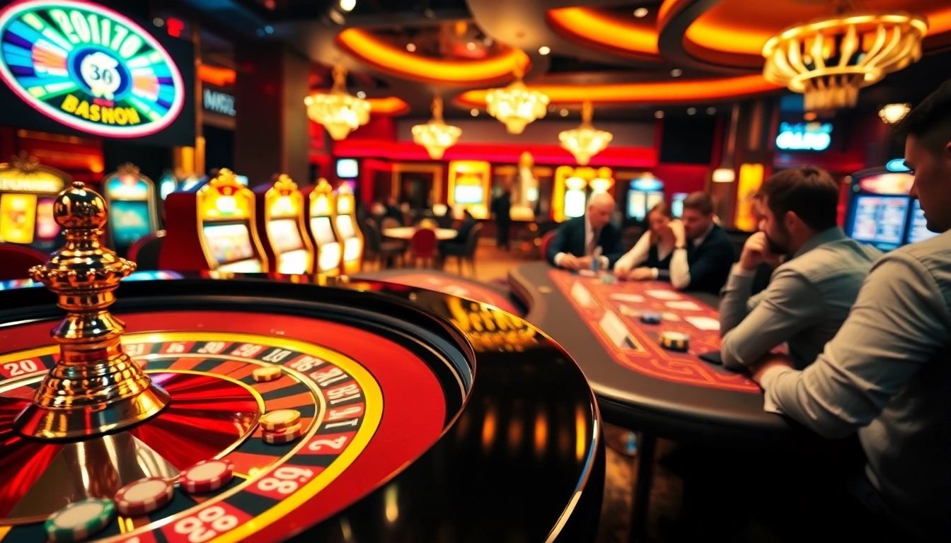Players enjoying a glamorous casino experience at MM88.london with vibrant roulette and poker elements.