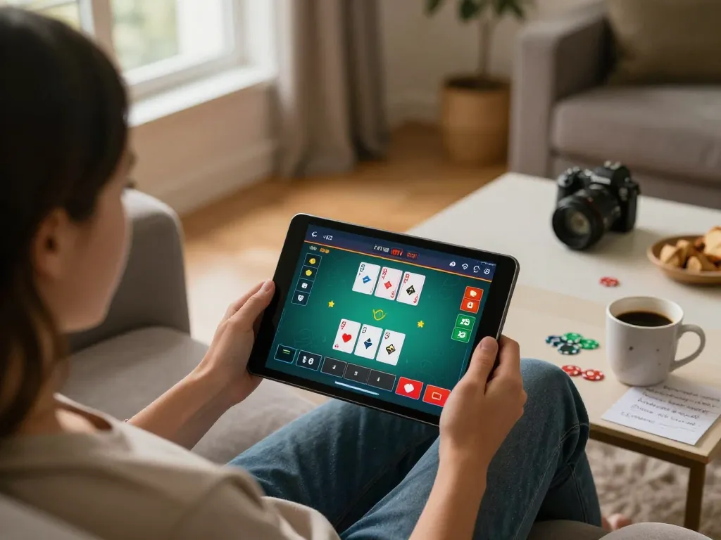 Engaging home gaming scene featuring a player enjoying kkbd poker online with strategy notes.
