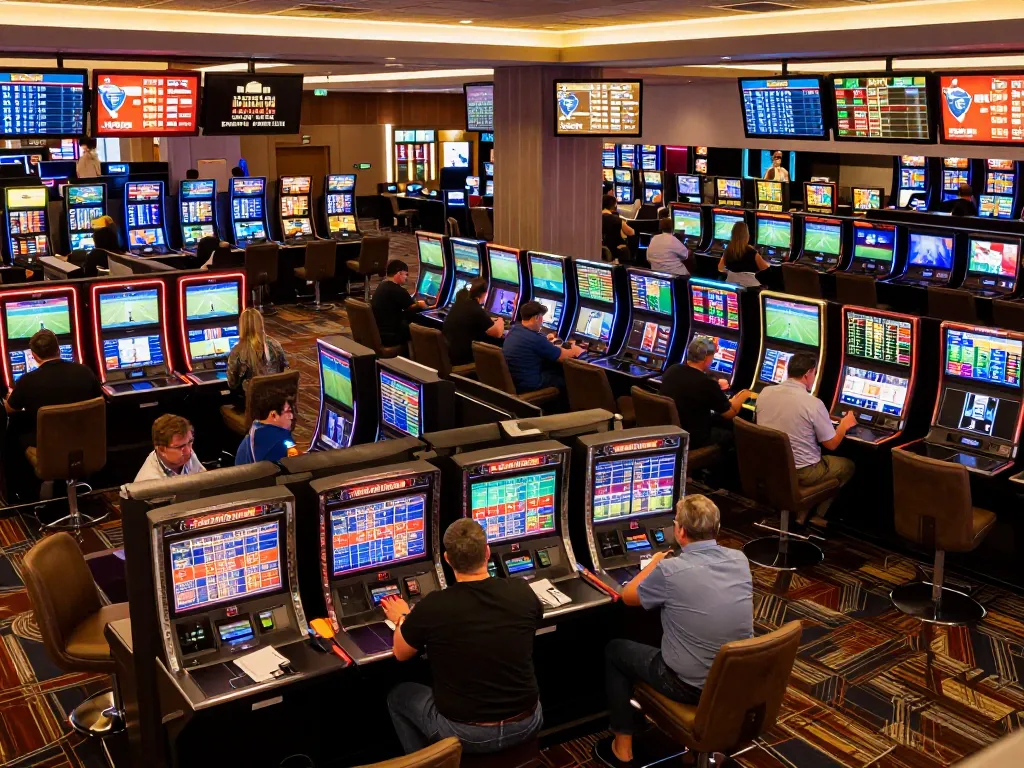 Betting enthusiasts analyzing tỷ lệ kèo nhà cái 5 in a vibrant sports betting area