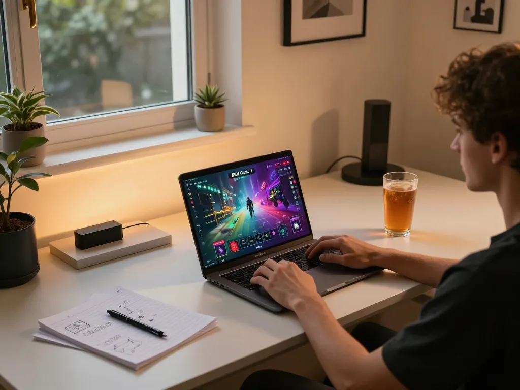 Engaging in online gameplay at B52 Club on a laptop in a cozy home setting
