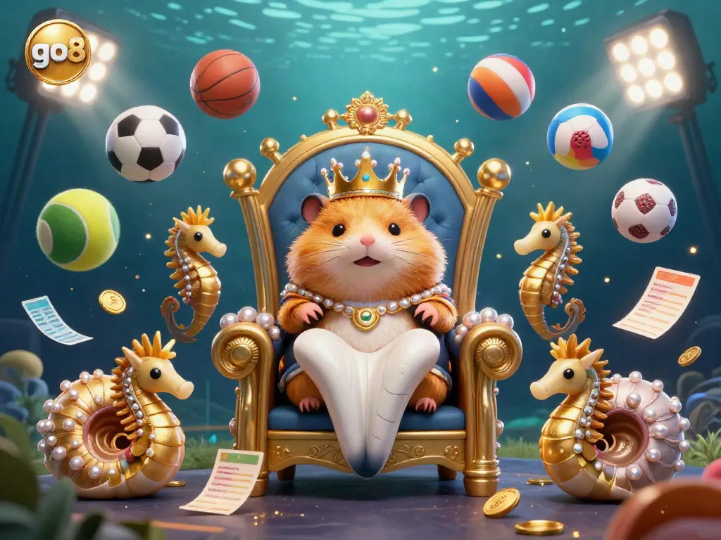 Experience action and excitement with the go8 golden hamster king commanding a dynamic casino scene, filled with sports elements.