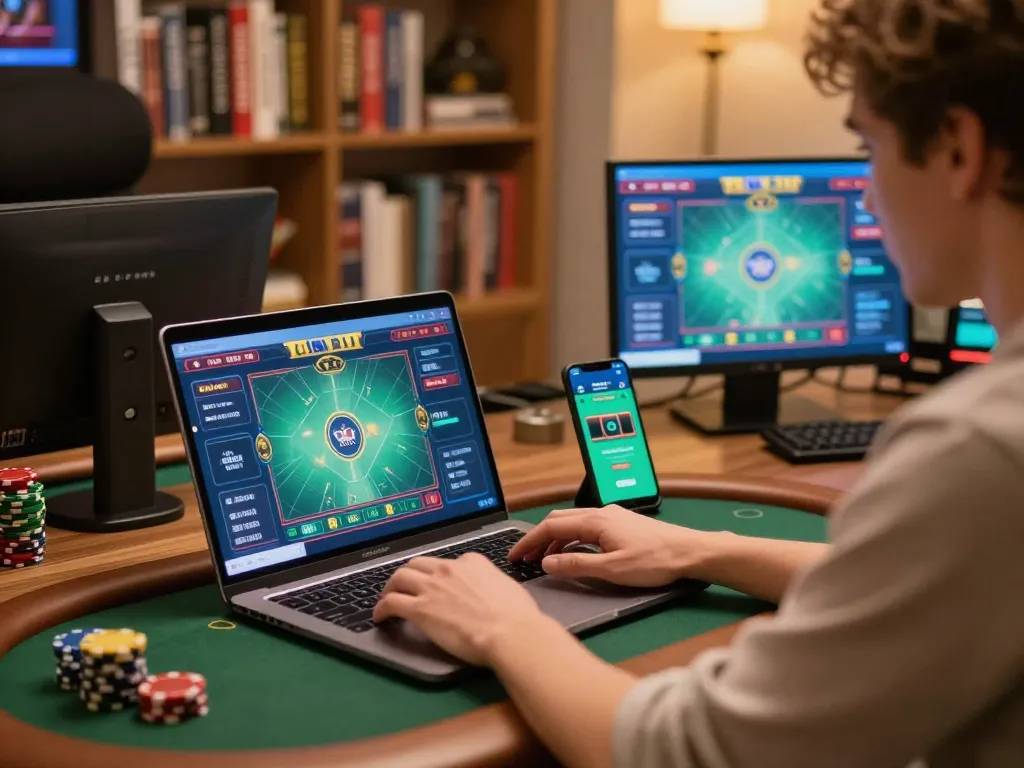 Nohu poker strategy session showcasing an online player immersed in game analytics and betting interfaces.