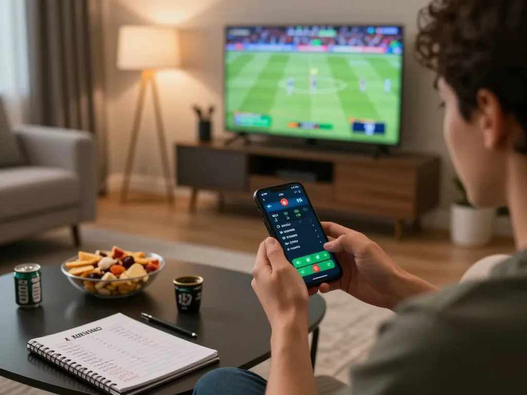 Engaging in Sin88 sports betting while strategizing in a cozy living room, complete with snacks and game ambiance.
