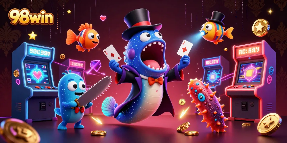 Experience thrilling casino magic with 98win's deep-sea characters performing card tricks.