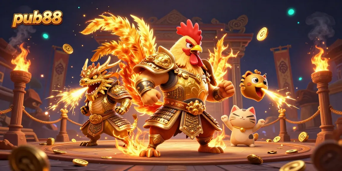 A suspenseful scene at pub88 showcasing a fighting rooster and dragon in a dynamic casino setting.