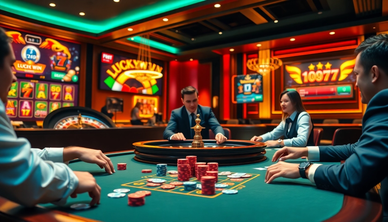Players enjoying a thrilling luckywin game at a luxurious casino table.
