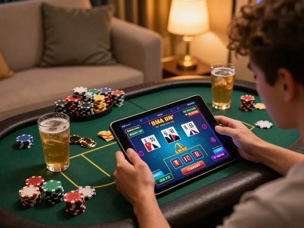 Engaged player enjoying game bài đổi thưởng on tablet, cozy home atmosphere with snacks and chips.