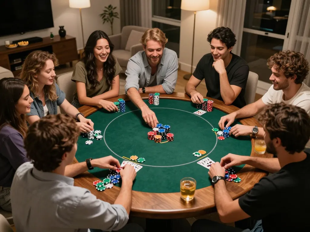 Friends enjoying a poker game at home while examining rr88vip strategies around the table.