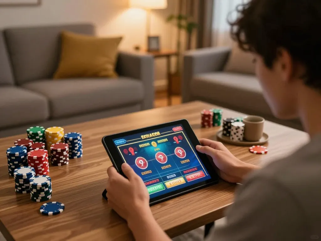 Engaging in online gambling with tablet showcasing games at home, representing the brand tập đoàn ATQ in a cozy setting.