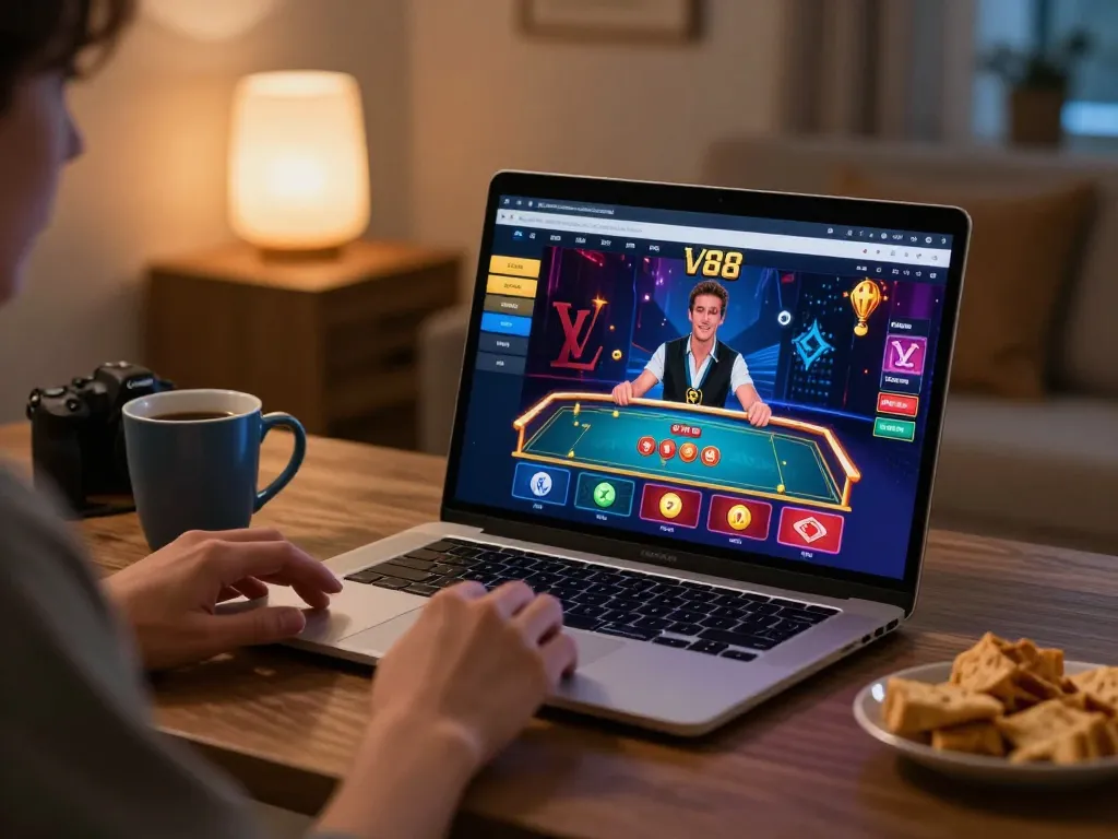 Engaged player enjoying an lv88 casino game on a stylish laptop, showcasing a vibrant online gaming environment.