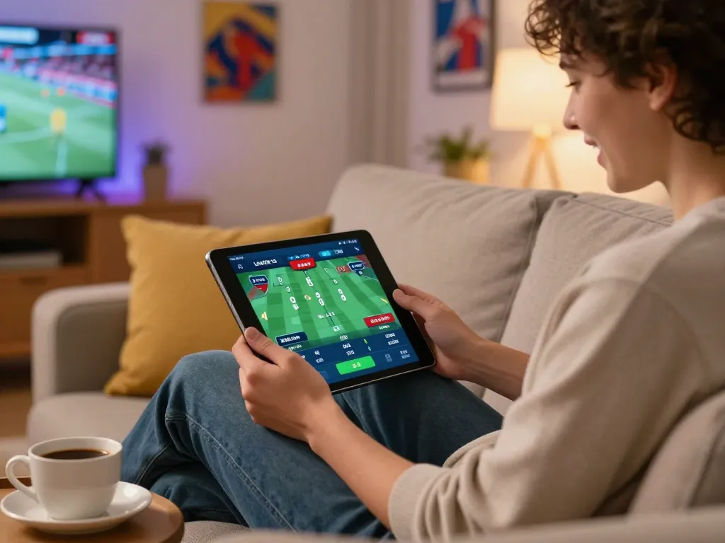 NOWGOAL sports bettor placing bets on a tablet in a cozy living room.