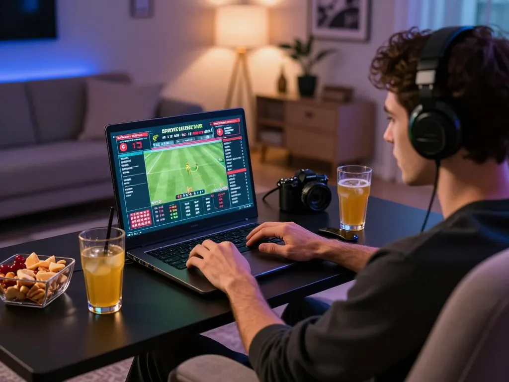 Engaging in dynamic sports betting on https://mm88.reisen/ using a laptop at home, capturing the thrill of analysis and strategy