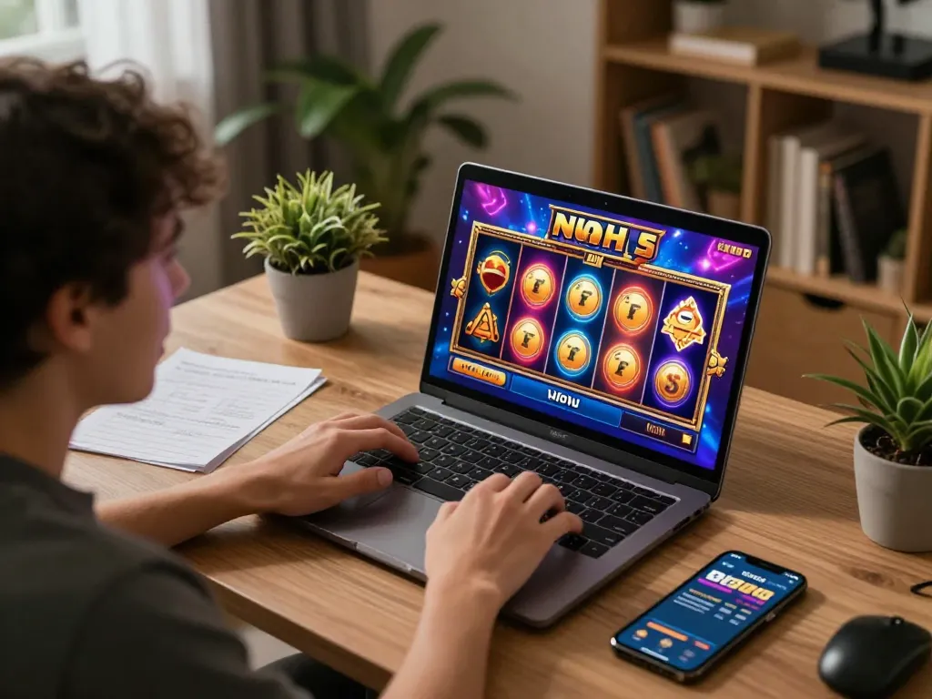 Engaging with Nohu slots on a laptop in a cozy home setup, showcasing strategic gameplay.