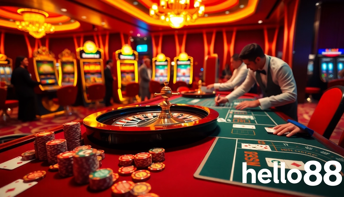 Experience the thrill of betting at hello88 with an engaging casino scene filled with excitement and luxury.