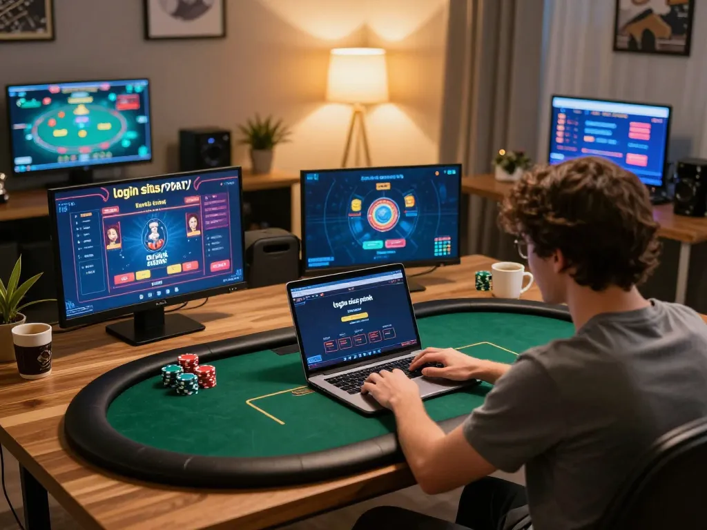 Securely login situs poker at home on a laptop with vibrant gaming setup and betting strategies.