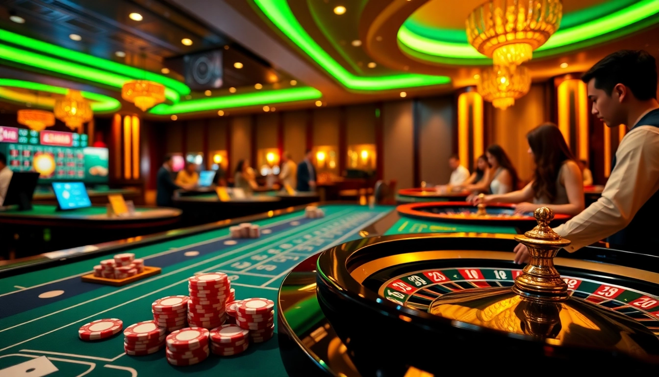 NẠP TIỀN 123GA in a lively online casino atmosphere, showcasing vibrant roulette wheels and engaged players.