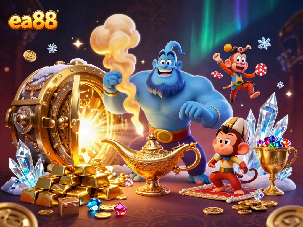 Play exciting games at ea88 with a genie, monkey, and poker chips in a vibrant casino scene.