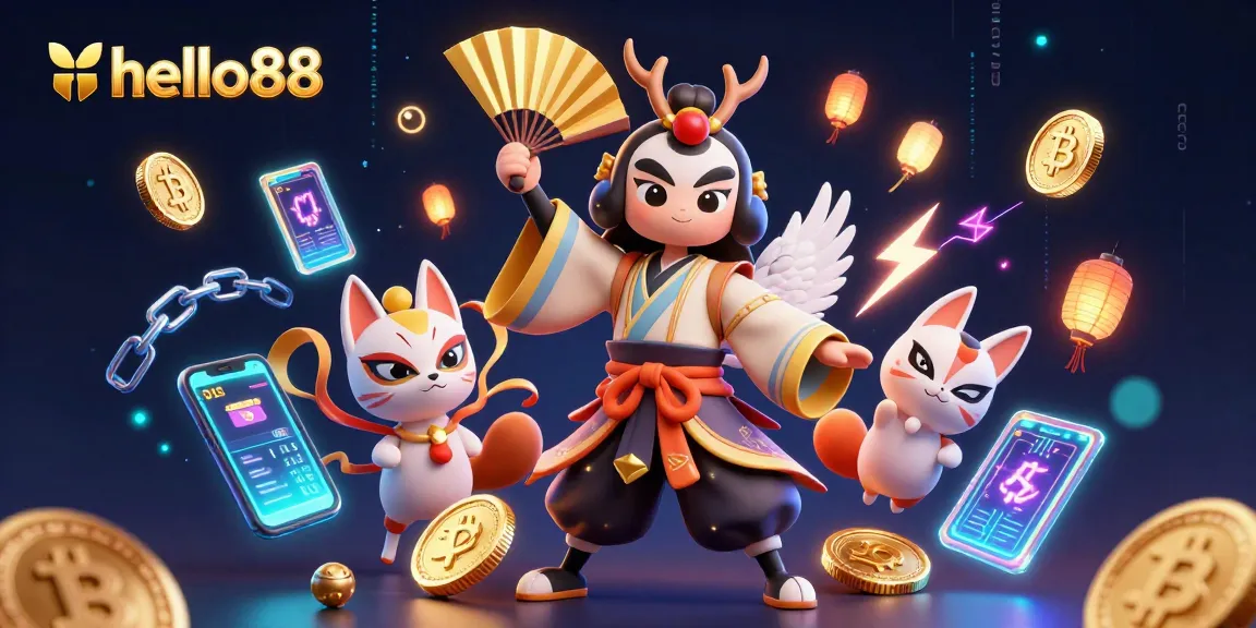 Immerse yourself in hello88's captivating online casino world, featuring dynamic 3D characters and vibrant crypto elements.