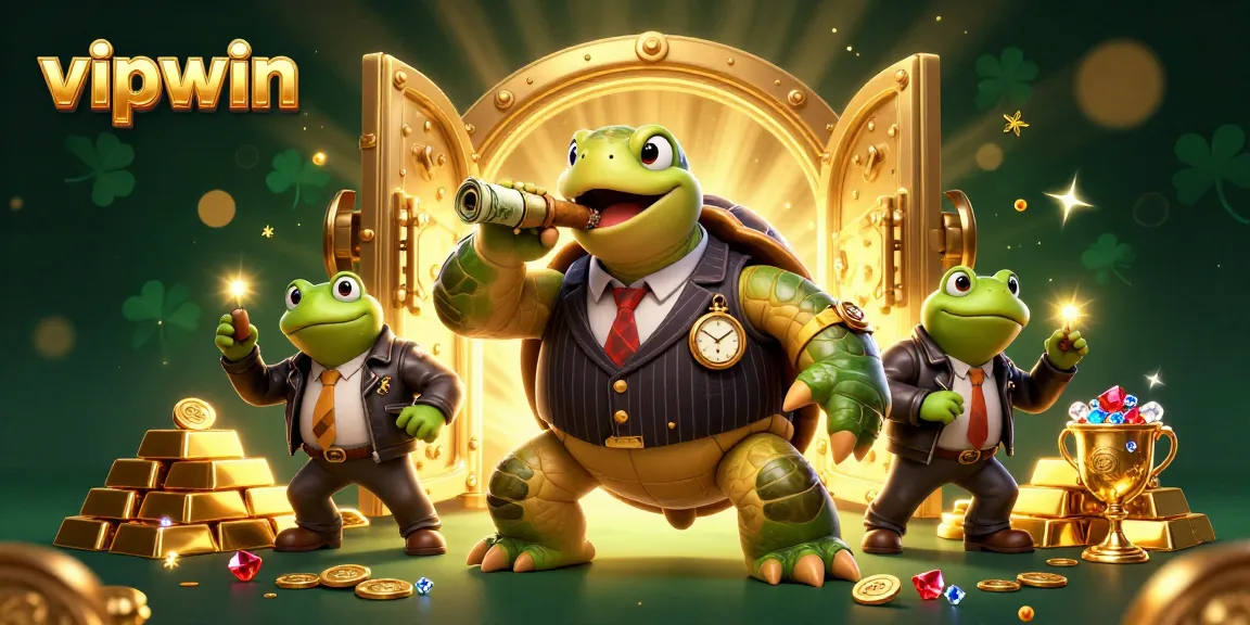 Join vipwin's adventure with a mobster snapping turtle and frog enforcers in a treasure-filled casino.