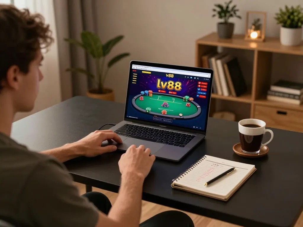 Player developing strategies for lv88 games at a stylish home office.