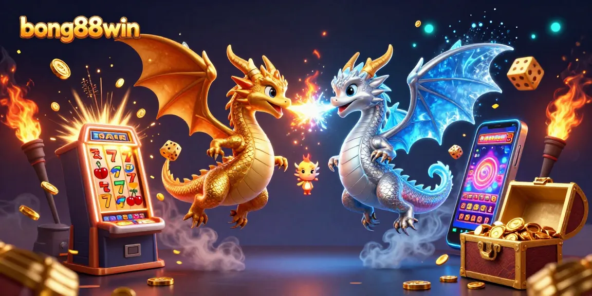 Experience the enchanting world of bong88win with twin dragons battling in a colorful casino-themed realm.