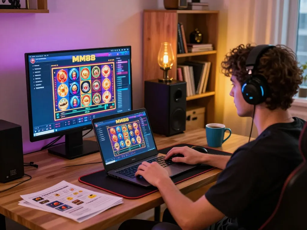 Engaging in online casino gaming at home with MM88 interface on the screen