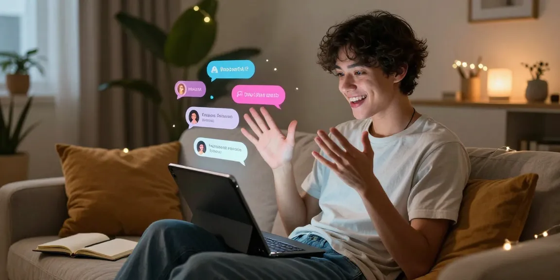 Engaging user enjoying a sex chat AI interaction on a sleek tablet in a cozy, inviting atmosphere.
