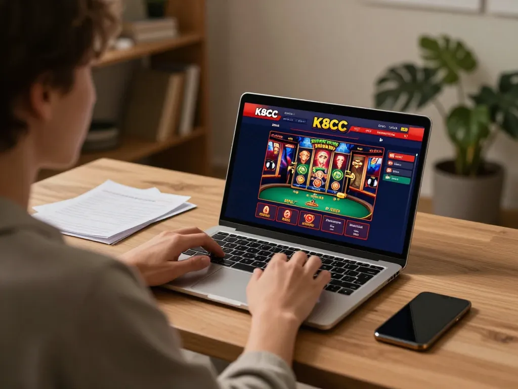 K8CC online casino, user engaging with poker strategies on a laptop at home, casual gaming atmosphere.