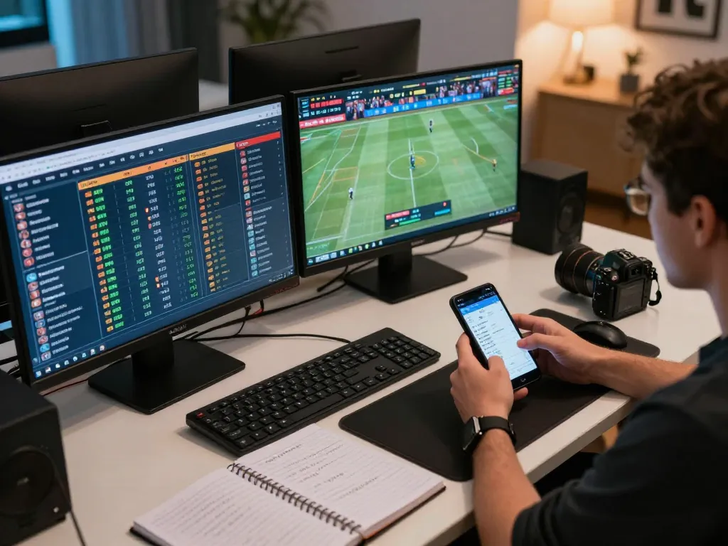 Engaging scene of keonhacaii88 user strategically analyzing live sports events and betting options
