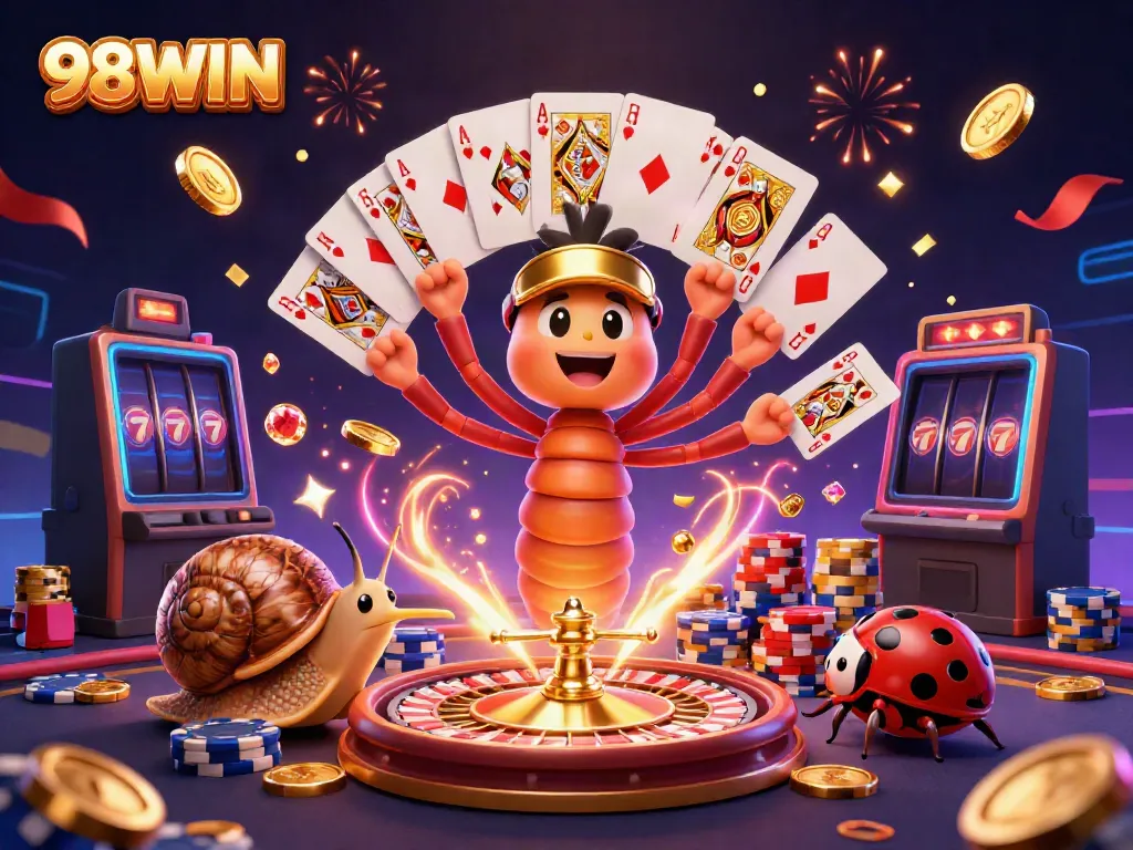 Experience winning excitement with 98WIN's vibrant casino scene featuring unique 3D characters.