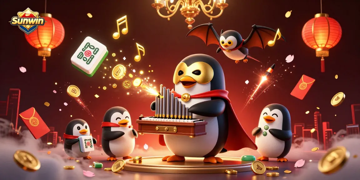 Play the thrilling Sunwin casino experience with a 3D penguin organist surrounded by vibrant casino symbols.