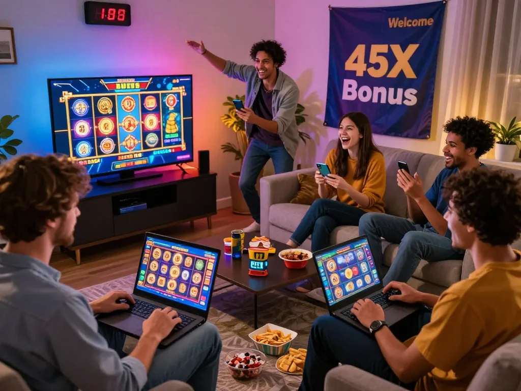 Diverse friends enjoying online slot games together on the 45X platform, showcasing lively gaming atmosphere.