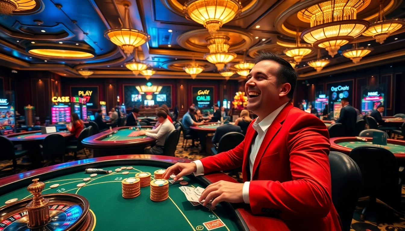 Exciting casino scene with players at a vibrant gambling table on https://69vn39.com/ showcasing luxury and thrilling gameplay.