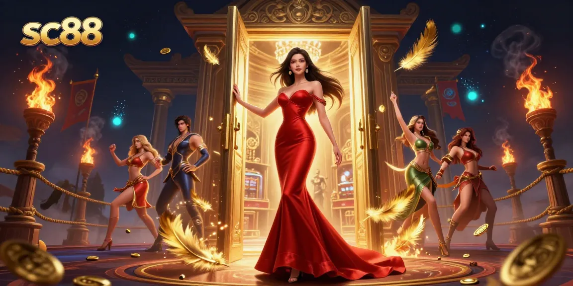 Experience the vibrant action of sc88 in a luxurious casino scene filled with golden tokens and thrilling excitement.