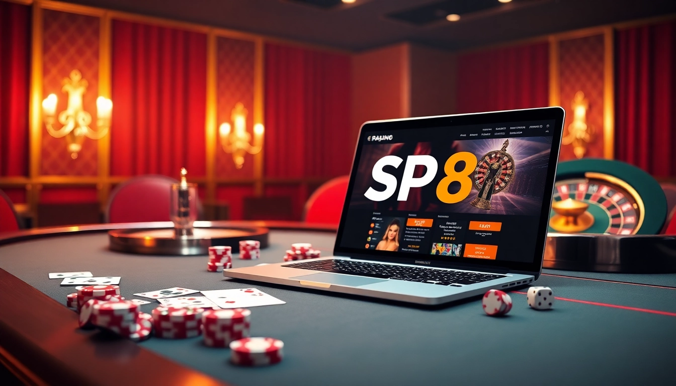 Players enjoying the luxurious online SP8 casino experience with poker chips and roulette.