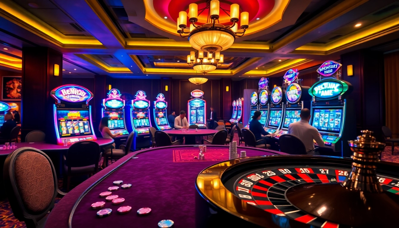A thrilling casino atmosphere at https://fly88.ae.org/ with vibrant poker tables, slot machines, and roulette.