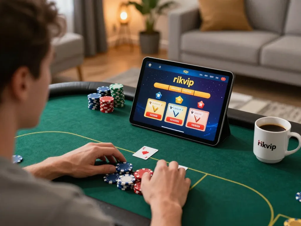 Players engaging with the rikvip interface on tablet, showcasing strategic online gambling.