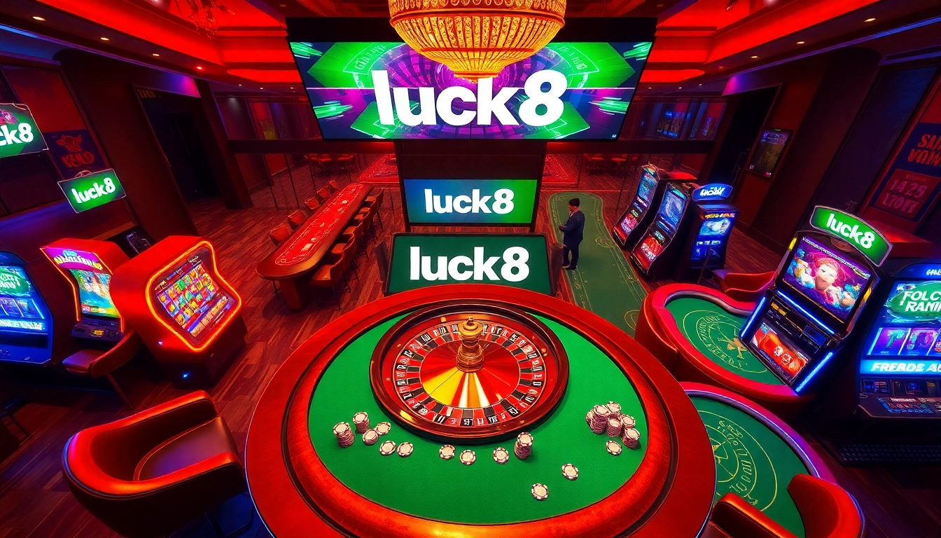 Experience the thrill of luck8 đăng nhập with a vibrant online casino scene showcasing roulette and poker.