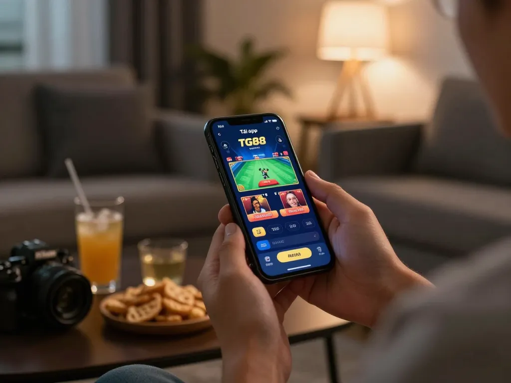 Tải app TG88 on smartphone in a cozy living room showcasing engaging gameplay.