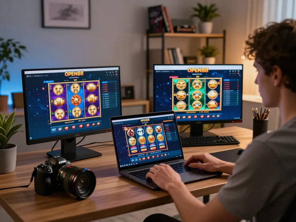 Play on OPEN88 casino platform with vibrant slots and an inviting home office atmosphere.