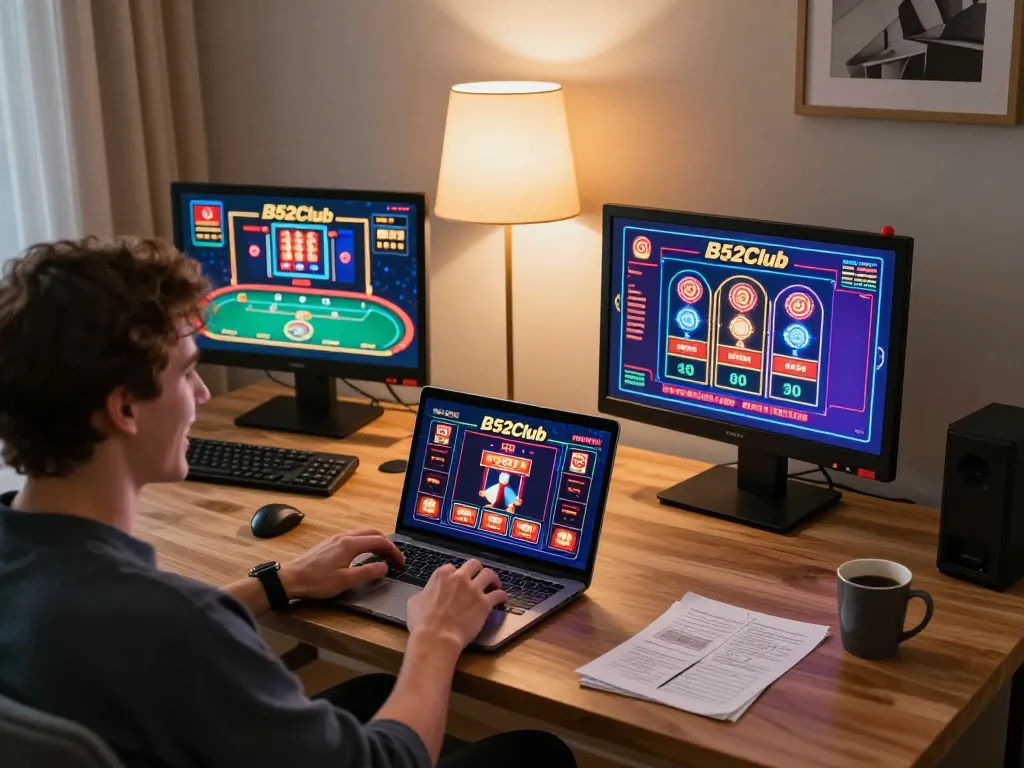 B52Club player engaged in an exciting online poker game at home, warm cozy environment.