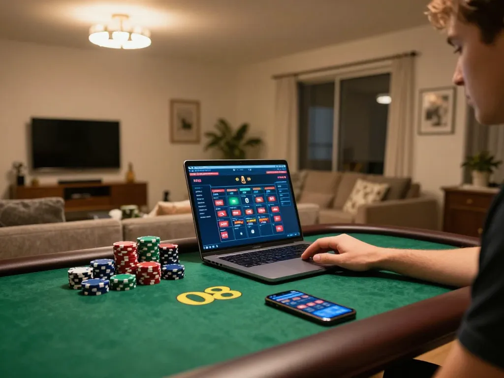 Player engaging with the o8 platform on a laptop, showcasing a cozy home gaming atmosphere