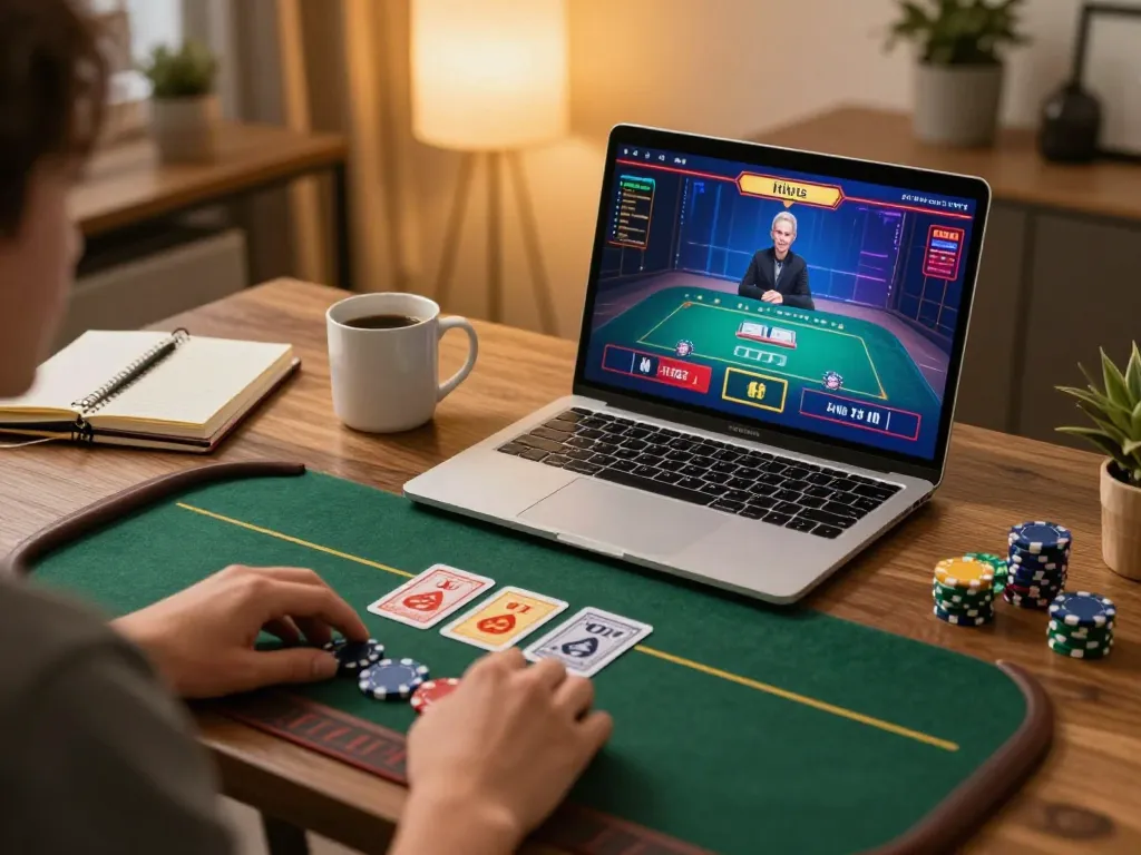 Playing 33win live dealer game on a laptop in a cozy home office environment.