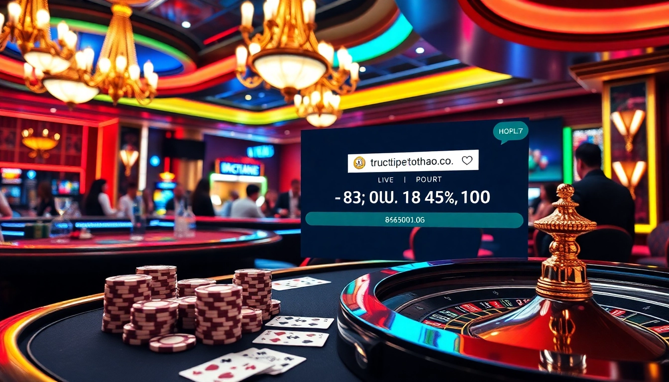 Engaging scene of high-stakes gambling with players at a luxurious table and live betting odds from https://tructiepthethao.co/.