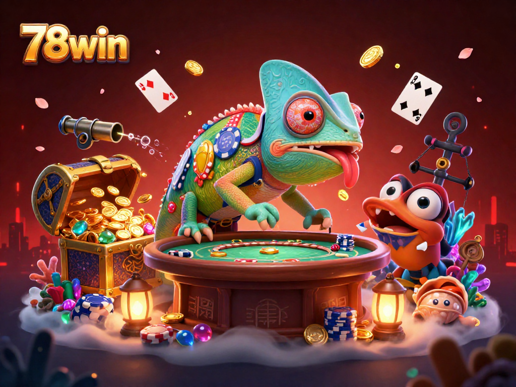 Experience thrilling wins with 78win as the chameleon casino owner captures golden coins amidst vibrant underwater treasures.