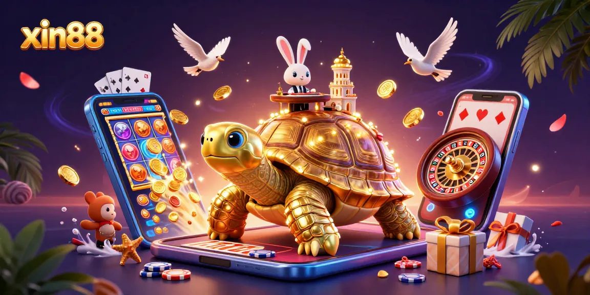 Experience the excitement of xin88 with a vibrant casino scene featuring a golden tortoise and a dealer.